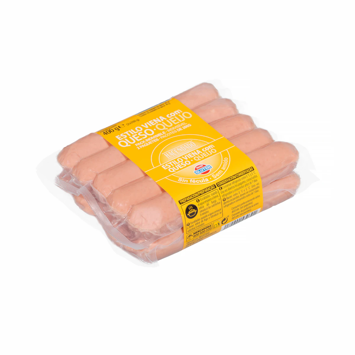 Salchichas cocidas estilo Viena con queso Hacendado de pollo y cerdo sabor ahumado