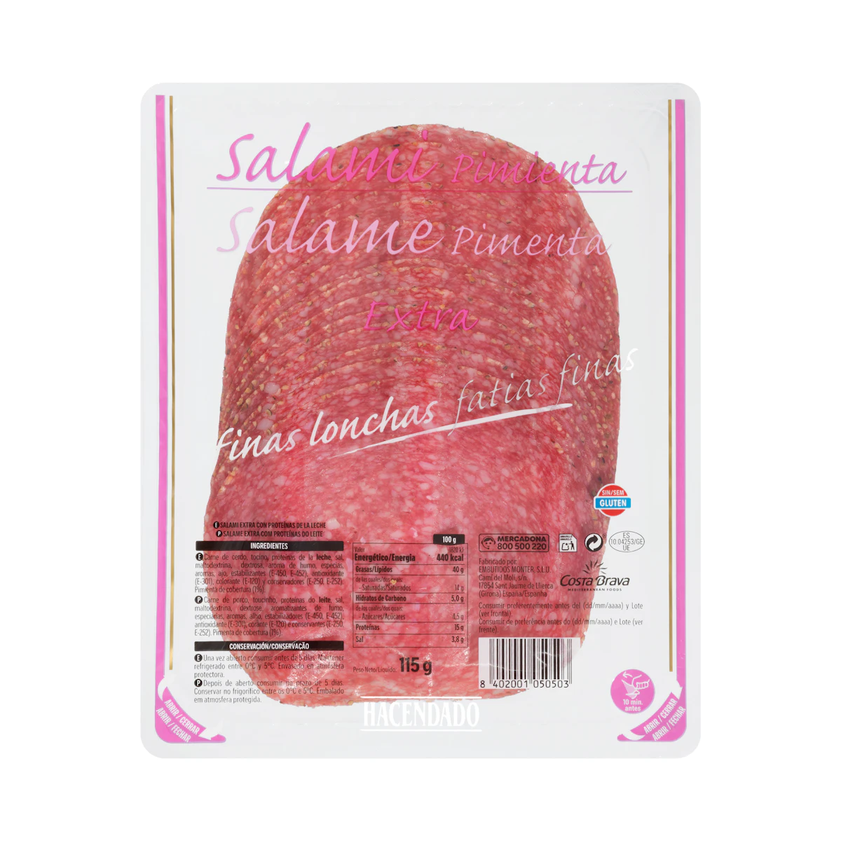 Salami extra pimienta Hacendado finas lonchas