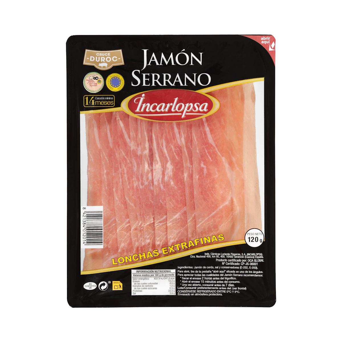 Jamón serrano Incarlopsa lonchas extrafinas
