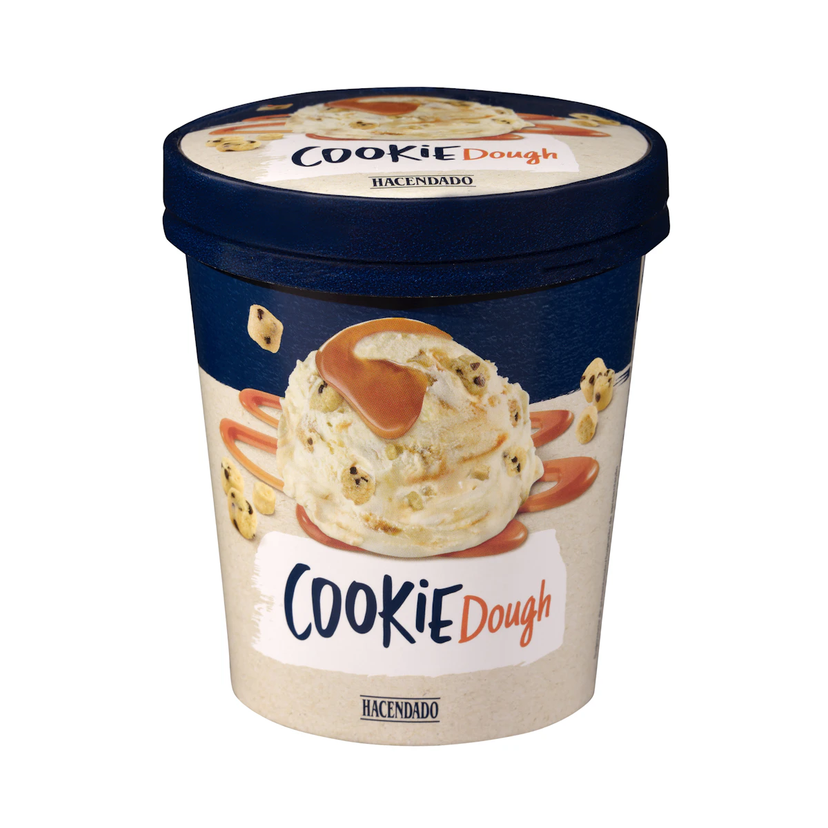 Helado cookie dough Hacendado vainilla con trozos de galleta y salsa de caramelo