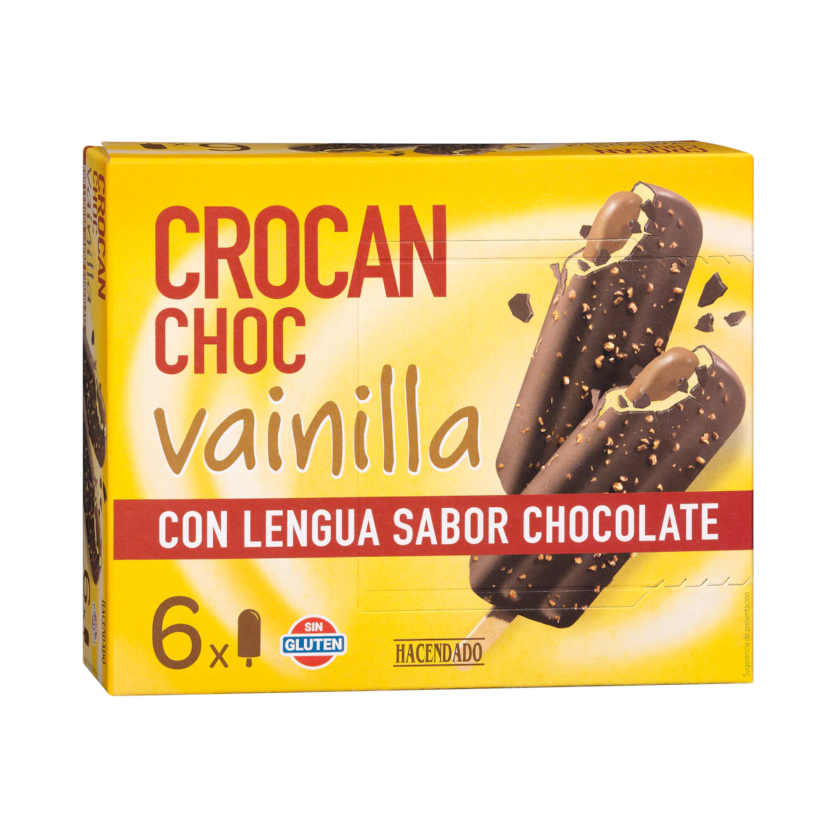 Helado crocan choc vainilla Hacendado con lengua sabor chocolate